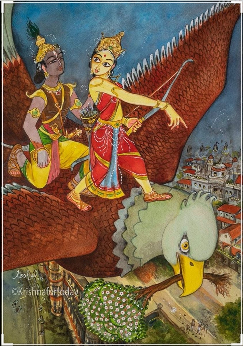 Distraught by the atrocity of Naraka, Lord indra sought after Vishnu to intervene. Satyabhama, one of the wife of akrishna pleaded her husband to act. Armed with Sudarshana chakra Vishnu left for Prayag Jyotish pura with satyabhama in Garuda, Vishnu's celestial vehicle.