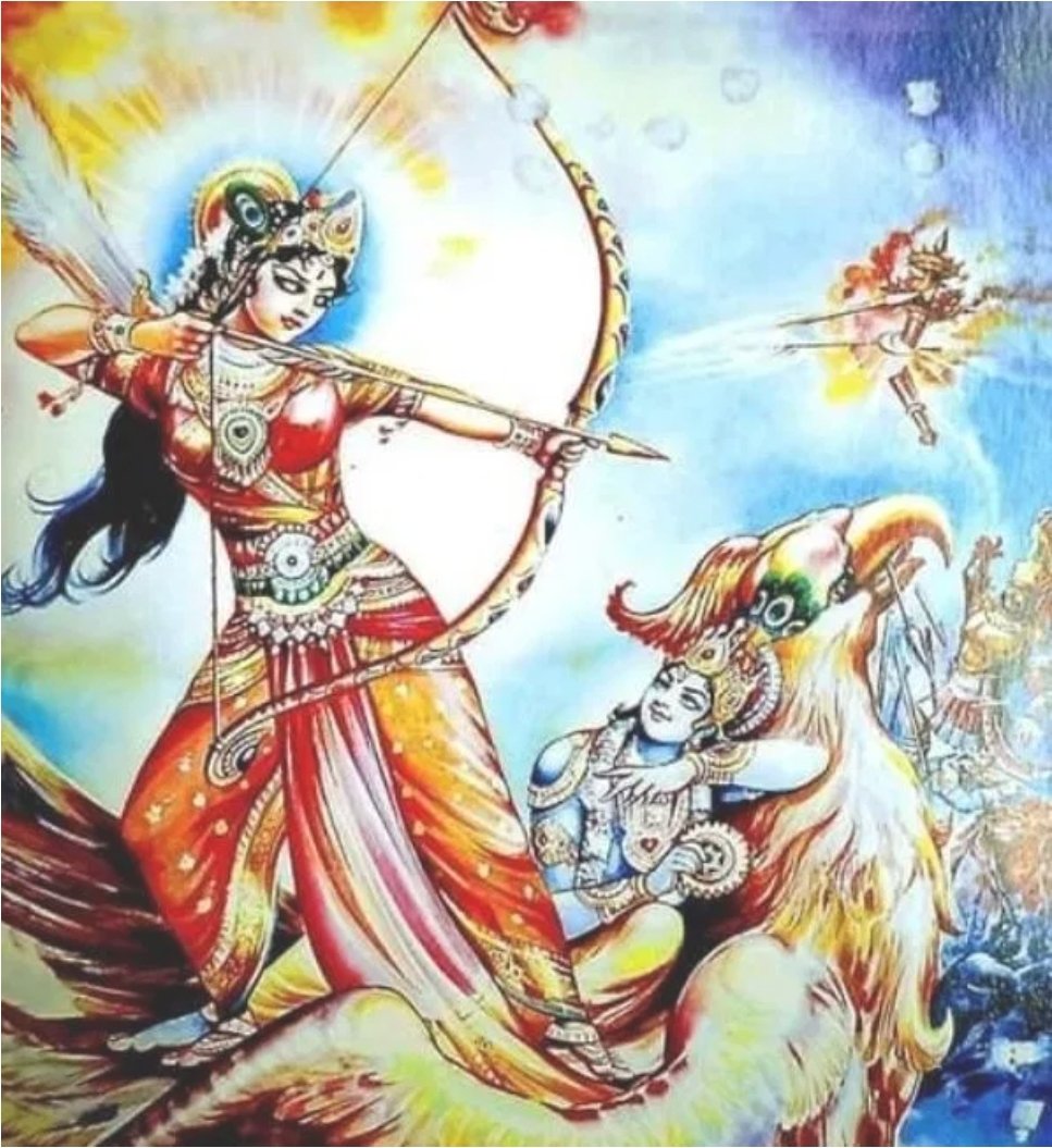As krishna fell on the the floor, His worthy wife satyabhama picked up the bow & continued to fight.  In Satyabhama, Naraka found a worthy foe. He had no clue as to how to stop her onslaught.