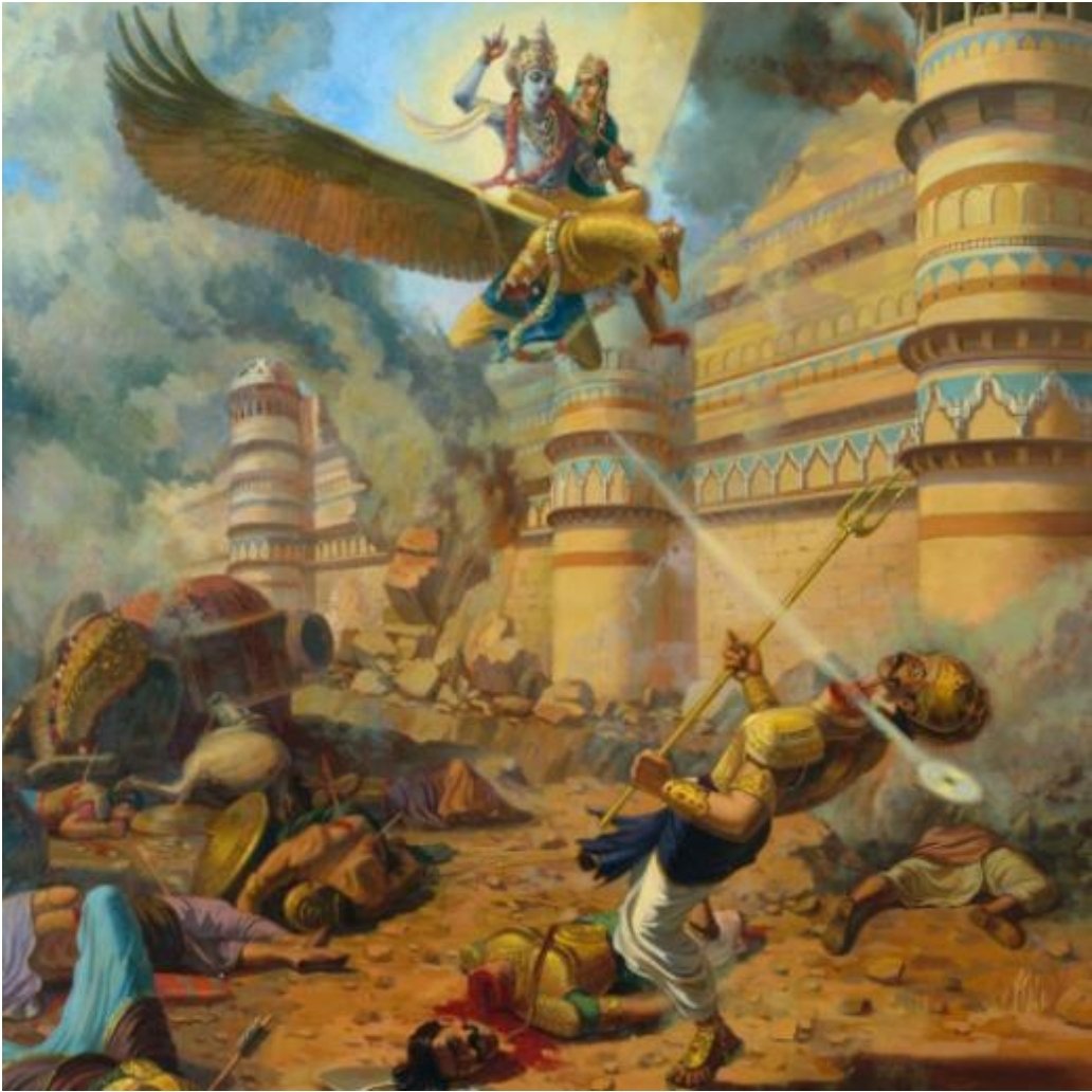 His father's words now rang in his ears - "Always uphold dharma, Son". He had failed his father. This self realization made him meekly submit as Krishna finally slayed Naraka with his chakra.