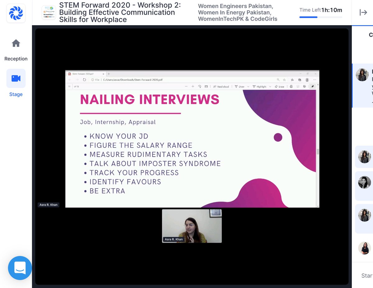 PkWomenInEnergy's tweet photo. Our trainer @AsraRizwann is sharing how to nail an interview! We're also learning about the most effective #communication skills for the workplace.
For more, register to attend our job fair: https://t.co/8jlnM7OuHs
#STEMForward2020 #STEMForwardPakistan https://t.co/lUbbwjScWN