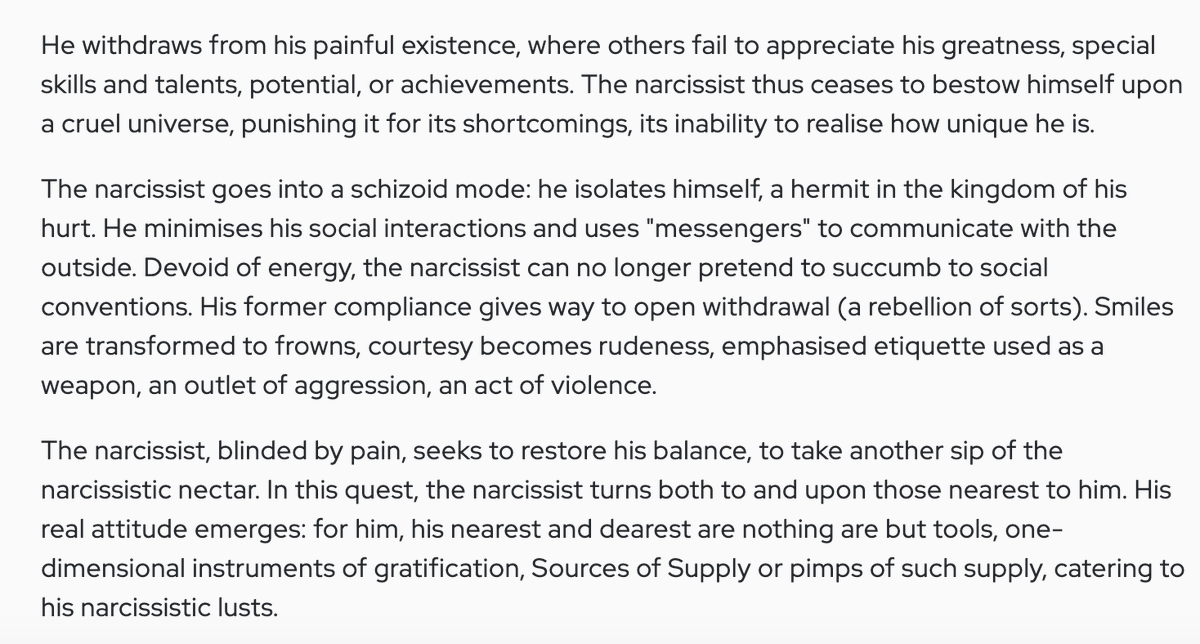 Trump has been abruptly and harshly cut off from his source of narcissistic supply. Here's what typically follows such a shock  https://www.healthyplace.com/personality-disorders/malignant-self-love/narcissists-reaction-to-deficient-narcissistic-supply 2/x