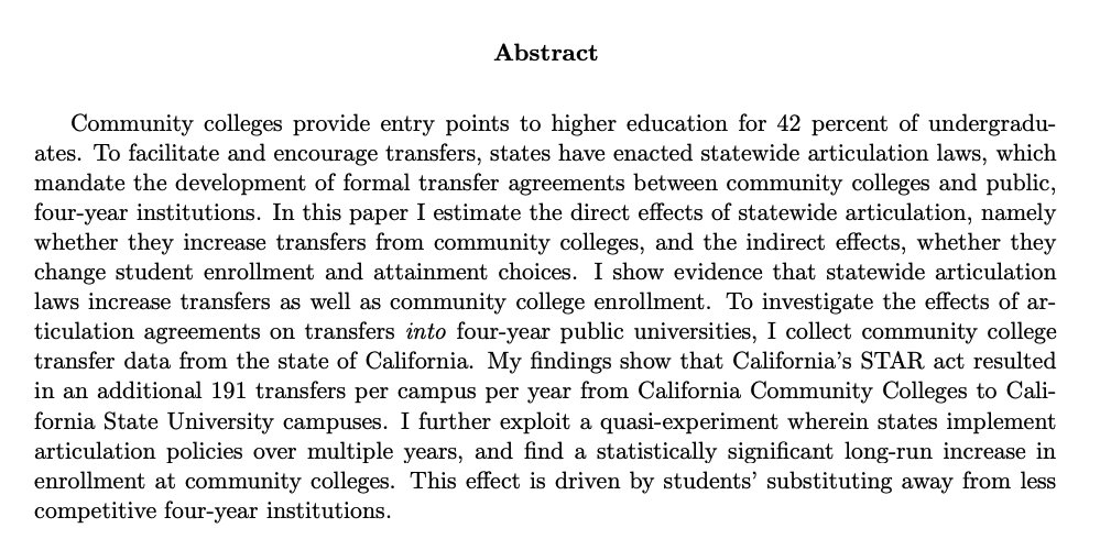 Dana ShaatJMP: "The Effects of Statewide Transfer Agreements on Community College Enrollment"Website:  https://sites.google.com/view/danashaat/home