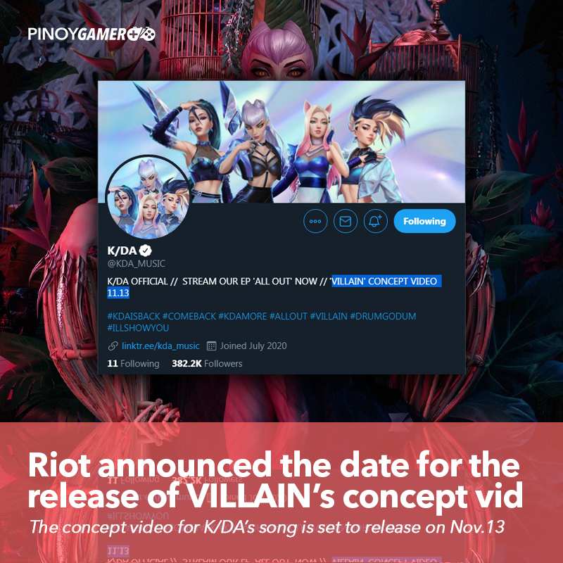 pinoygamerph's tweet image. Riot announced the date for the release of VILLAIN's concept video #VILLAIN #KDA #ConceptVideo #RiotGames #LeagueOfLegends #PinoyGamer