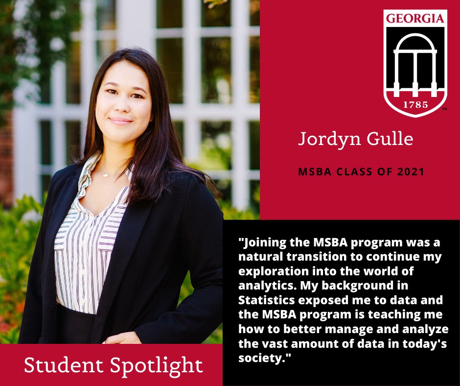 Georgianalytics's tweet photo. Student Spotlight: Jordyn Gulle will be a UGA #DoubleDawg with BS Statistics/Certificate Applied Data Science and #MSBA in spring. She hopes to have "a career in a technical, data-driven role" after graduation. #GeorgiaAnalytics #TerryCollege #TerryCollegeofBusiness #statistics https://t.co/ck6Fm0hsXY