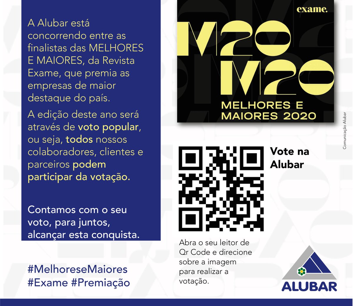 GrupoAlubar's tweet photo. A Alubar está concorrendo entre as finalistas das MELHORES E MAIORES, da Revista Exame, que premia as empresas de maior destaque do país.
Vote na Alubar https://t.co/RJldZzo2n9
Contamos com o seu voto, para juntos, alcançar esta conquista.
#Alubar #Votação #MelhoreseMaiores https://t.co/JYHMiS5LGA