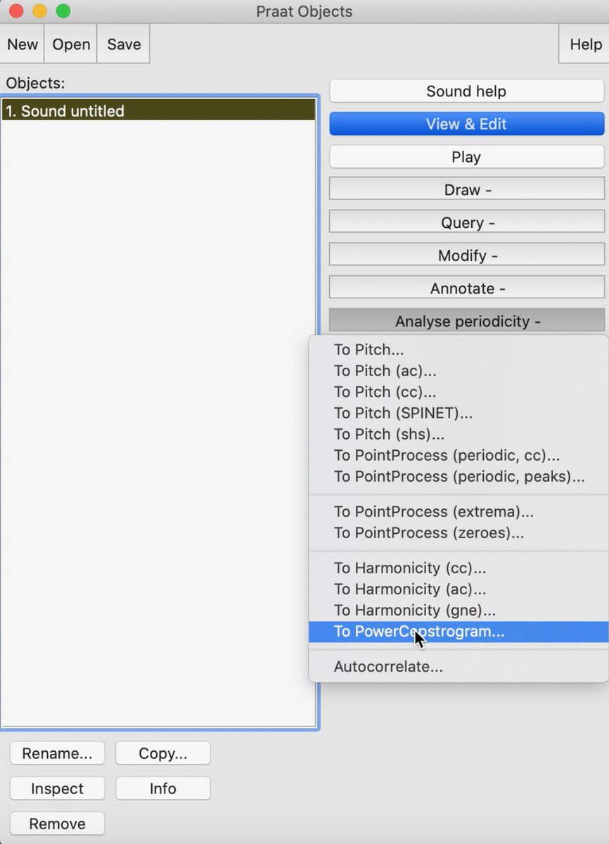 Second, select “Analyse periodicity – ” > “To Power Cepstrogram”, and > “OK”