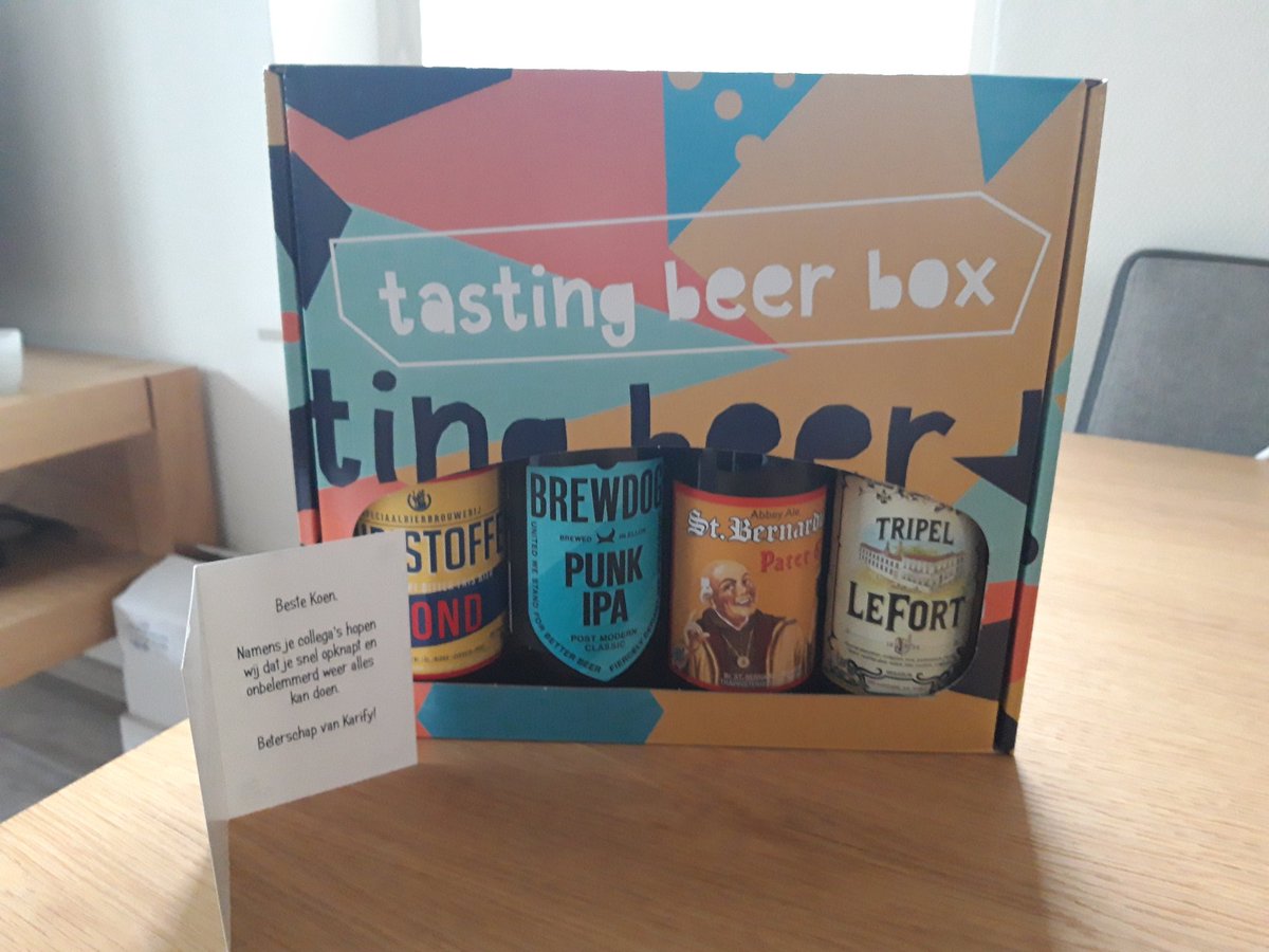 KoenF67's tweet photo. Lekker bierpakket van de collega's van #Karify gekregen om mijn herstel te bevorderen. 😇🍺 https://t.co/Vo2W8LJZ0K