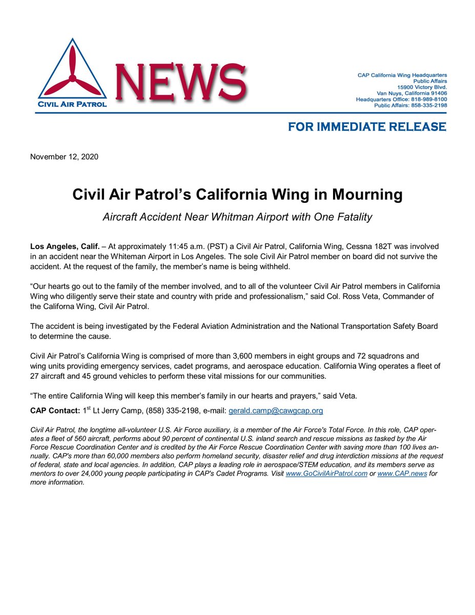 MajGenPhelka's tweet photo. We all mourn the loss of a @CivilAirPatrol volunteer from @CAWG_CAP. Please keep this member's family and fellow volunteers in your thoughts on this difficult day. https://t.co/Oa24ZZrRjB