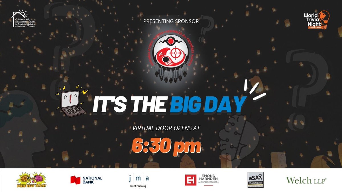 CAFOttawa's tweet photo. Presenting sponsor: @AFN_Updates
Category sponsors: @nationalbank, @EmondHarnden, @eSAXnetworking, https://t.co/DtNBohjOBM, @brainbashtrivia, @WelchLLP

#WTN2020 #WorldTriviaNight https://t.co/0yg1UxEL09