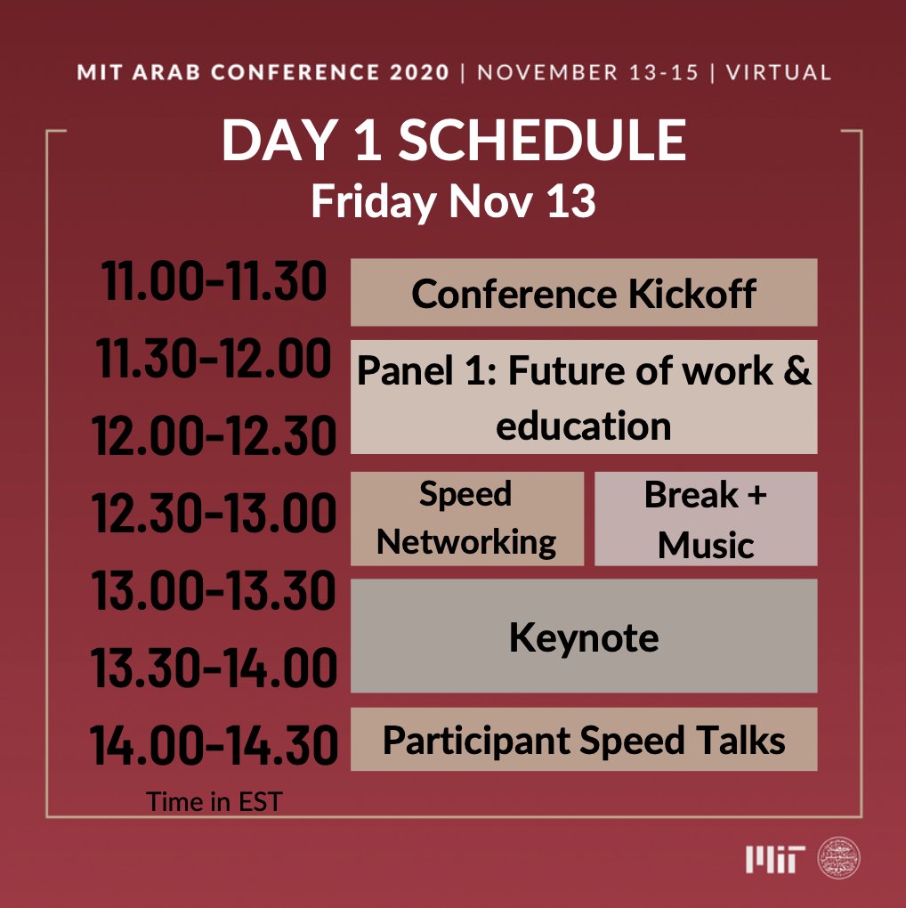 MITarabconf's tweet photo. Excited to start the first day of the Conference Star-struck
Day 1 Schedule! https://t.co/iVyS1vLE6n