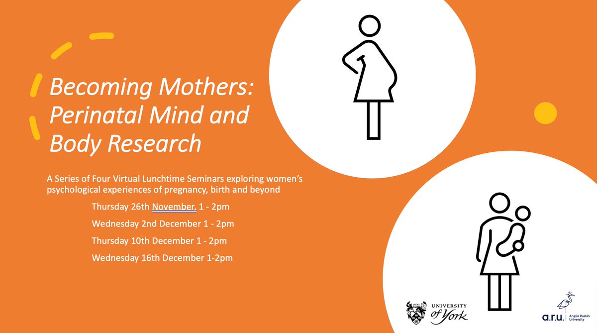 Becoming #mothers Perinatal Mind and Body Research. Join a virtual lunchtime seminar exploring women’s psychological experiences of pregnancy, birth and beyond. 26Nov 1-2pm. Theme: Bonding with Baby. register here: tinyurl.com/y5zkhu3r