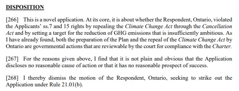 NEW: Another loss in court for the Ford government. The province was trying to get this climate-change lawsuit  https://www.cbc.ca/news/canada/toronto/ontario-youth-climate-change-lawsuit-1.5372440 thrown out. A judge rejected the govt's claims that the suit is unreasonable, so the case can proceed. Decision here:  https://ecojustice.ca/wp-content/uploads/2020/11/Reasons-for-Decision-CJB-FINAL-signed-2020-11-12.pdf