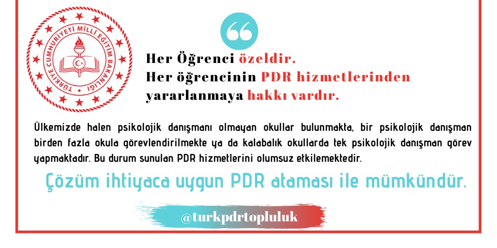 Her öğrenci özeldir ve her öğrencinin PDR hizmetlerinden yararlanma hakkı vardır. 

Norm kadro sorunu çözülmeli, öğrencisi olan her okulun psikolojik danışmanı olmalıdır. 

#HerOkulaPDRgerek
<a href="/ziyaselcuk/">Ziya Selçuk</a> 
<a href="/tcmeb/">Millî Eğitim Bakanlığı</a>
<a href="/safran1958/">Mustafa SAFRAN</a> 
<a href="/mehmetnezirg/">mehmet nezir gül</a>
<a href="/omerinan06/">Ömer İNAN</a>