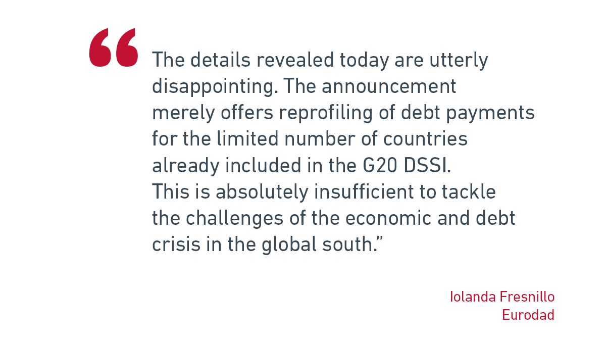 The new #debt framework proposed tonight by <a href="/g20org/">G20 United States</a> is hugely disappointing. If the international community seriously intends to meet the #GlobalGoals, #ParisAgreement &amp; the #BeijingDeclaration, more ambitious action is urgently needed. ➡eurodad.org/reaction_to_g2…

#CancelTheDebt