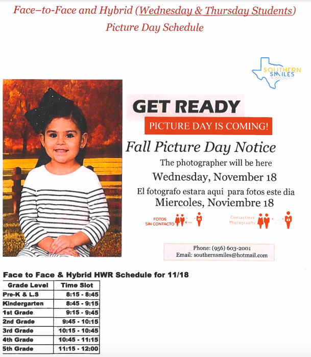 Picture day is coming! Please read the attached flyers for details.
¡Día de Fotos! Por favor lea el folleto adjunto para obtener más detalles.