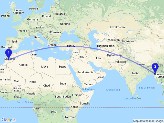 RandomDistance's tweet photo. The distance between Iflilte, Morocco and Thantlang, Myanmar (Burma) is 9677km #Maps #GIS #Earth https://t.co/gImfRqCcXz