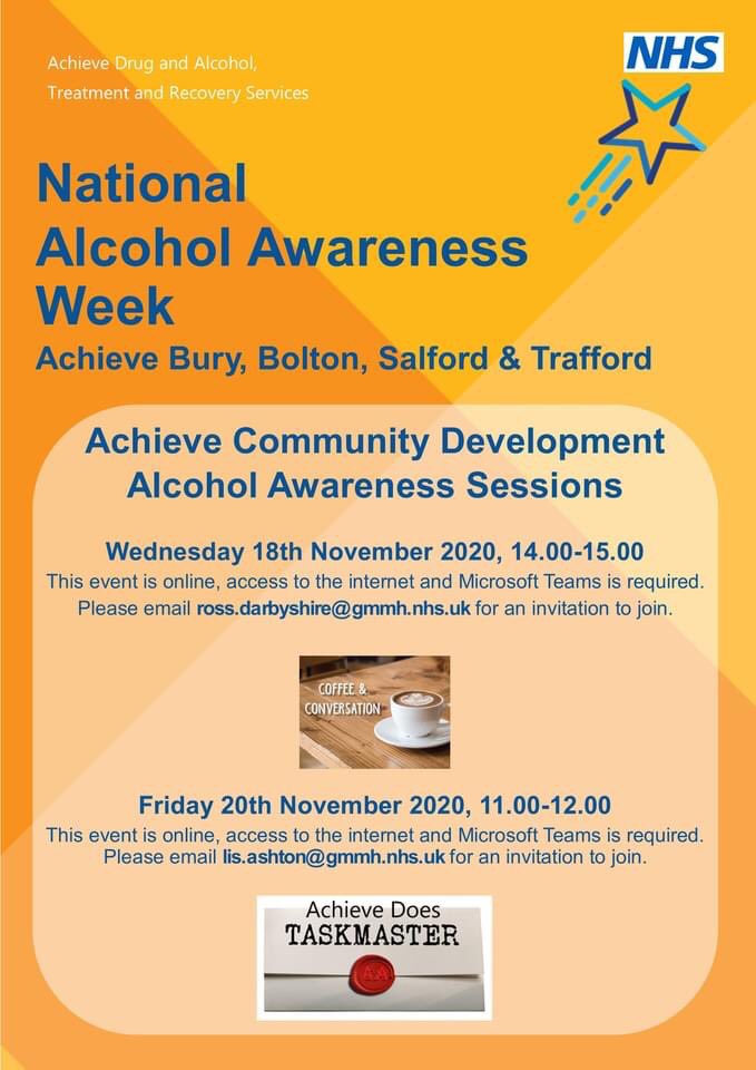 Alcohol Awareness Week at Achieve. See post for how to get involved. <a href="/GMMH_NHS/">Greater Manchester Mental Health</a> @SJ_AchieveBBST <a href="/ashton_lis/">Lis Ashton</a>  <a href="/nicoladalton13/">nicoladalton</a> <a href="/Naomiworldz/">naomi davies</a> <a href="/AlcoholChangeUK/">Alcohol Change UK</a> <a href="/Drinkaware/">@drinkaware</a>