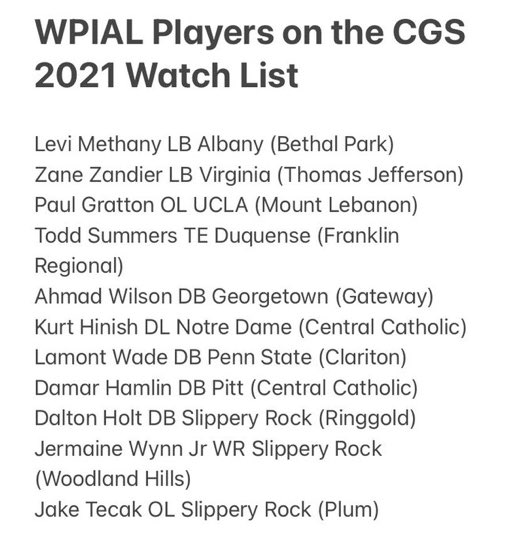 MRittCGS's tweet photo. Some WPIAL players on the 2021 @CGSAllStar Watch List!

@WPIAL_Insider @wpialsportsnews 
@PghSportsNow 

@LeviMetheny45 @SirHoltyHolt @Todd_Summers11 @zzandier @ahmadwilson_21 @JTecak https://t.co/w1cnnKoGeF