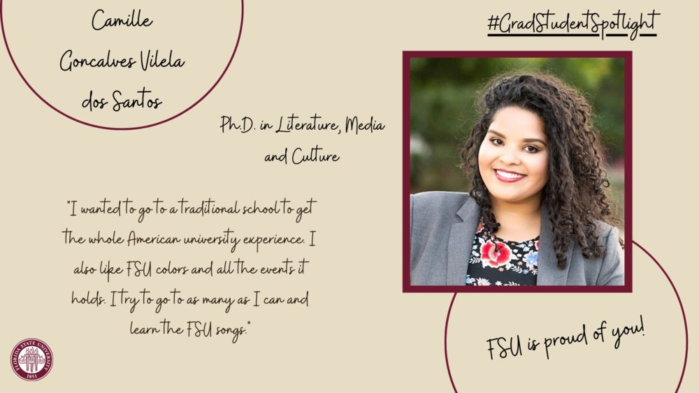 fsugradschool's tweet image. Meet Camille, a current @fsu_englishdept student who joins us from Brazil. She enjoys reading, paddle boarding, and getting to know her fellow classmates. Keep on being awesome, Camille! #GradStudentSpotlight #InternationalStudentDay @FSUartssciences
