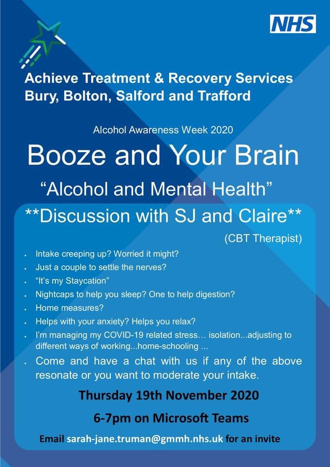Alcohol Awareness Week at Achieve. See post for how to get involved. <a href="/GMMH_NHS/">Greater Manchester Mental Health</a> @SJ_AchieveBBST <a href="/ashton_lis/">Lis Ashton</a>  <a href="/nicoladalton13/">nicoladalton</a> <a href="/Naomiworldz/">naomi davies</a> <a href="/AlcoholChangeUK/">Alcohol Change UK</a> <a href="/Drinkaware/">@drinkaware</a>