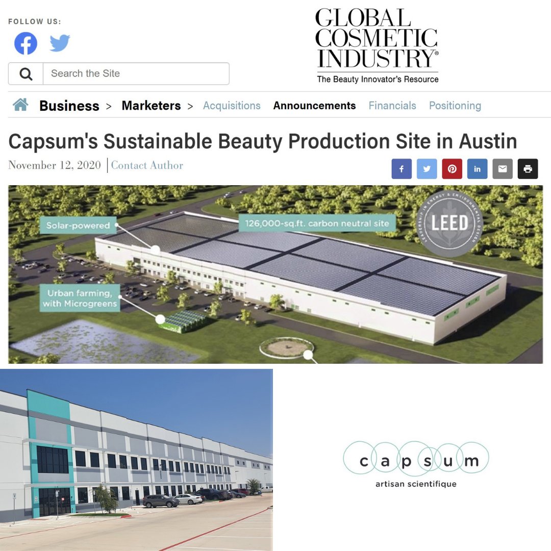 capsum_eu's tweet photo. Thank you, Global Cosmetic Industry @GCI_Magazine, for featuring our sustainable beauty manufacturing site in Austin, Texas. We’re excited to create eco-friendly cosmetics with U.S. brands!

#capsumaustin #capsum #b2b #beautyindustry #sustainablemanufacturing #sustainablebeauty https://t.co/lID8nXbG2D