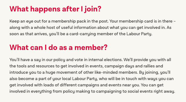 Notice at the top of the Labour Party website, it invites you to "Join Labour." And when you click, it asks you to pay monthly dues. And then they send you a membership pack with a membership card — and you're added to a local party that will be in touch with you.