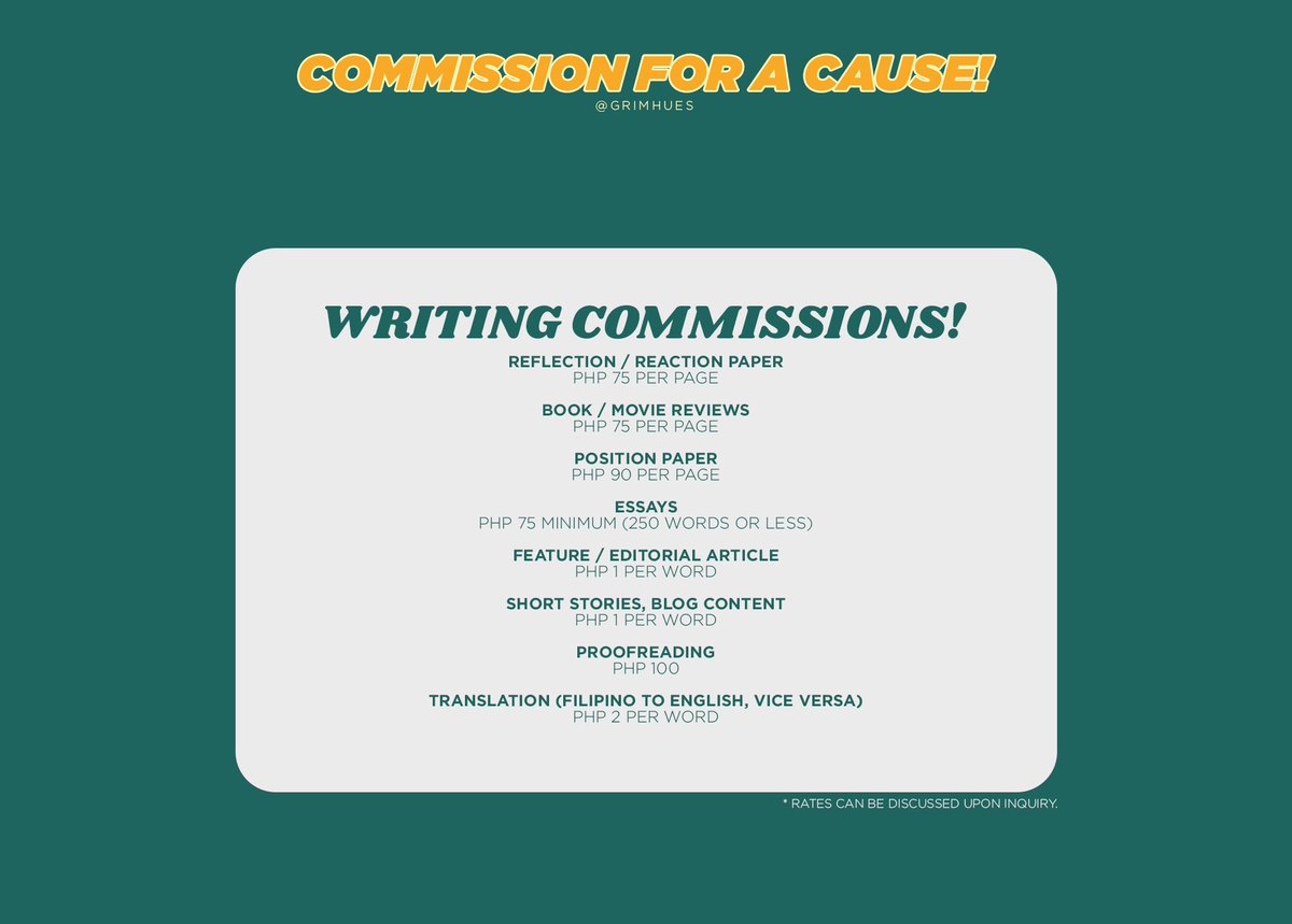 BUKANGLlWAYWAY's tweet photo. ⠀
COMMISSION FOR A CAUSE!
An Art &amp; Writing Commish Week by
@grimhues &amp; @vangoath to help typhoon victims.

Get your modules and pinned tweets done while helping others for as low as PHP 100!

All profit will be directly sent to our beneficiaries and chosen donation drives.
⠀ https://t.co/OuO9kgnyS1