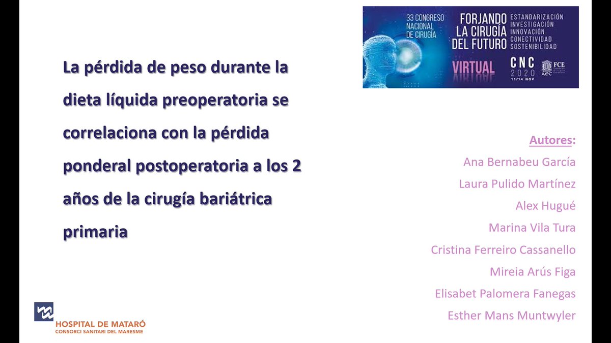 PhdMans's tweet photo. Echad un vistazo a la comunicación que hemos enviado al #CNC2020 sobre pérdida ponderal a 2 años relacionada con la pérdida preoperatoria con la dieta líquida. O-282. @aec_obesidad @aecirujanos @cncirugia2020 @CSdMaresme @raquelsanchezdr @gordeju https://t.co/2V9XlY5oOH