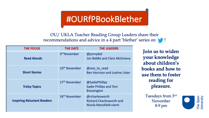 OpenUni_RfP's tweet photo. Are you looking forward to next Tuesday's book blether with @SadiePhillips and @brassoteach?
#OURfPBookBlether #FriYAY #ReadingforPleasure #TinyVoice #NewTeacher #NQT #EduTwitter #UKEdChat #NQTChat #TrickyTopics
Do share and tag a friend! #FFEd https://t.co/2VTljqjsuh