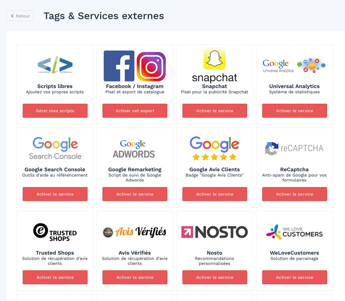 On peut activer d'autres services, la par exemple pour le mettre dans la search console, d'activer google analytics, les pixels facebook et export catalogue pour le social selling #commerces  #digital  #wizishop