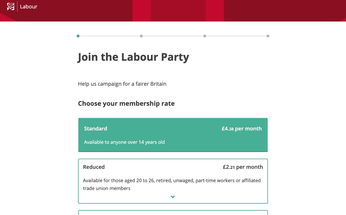 Notice at the top of the Labour Party website, it invites you to "Join Labour." And when you click, it asks you to pay monthly dues. And then they send you a membership pack with a membership card — and you're added to a local party that will be in touch with you.