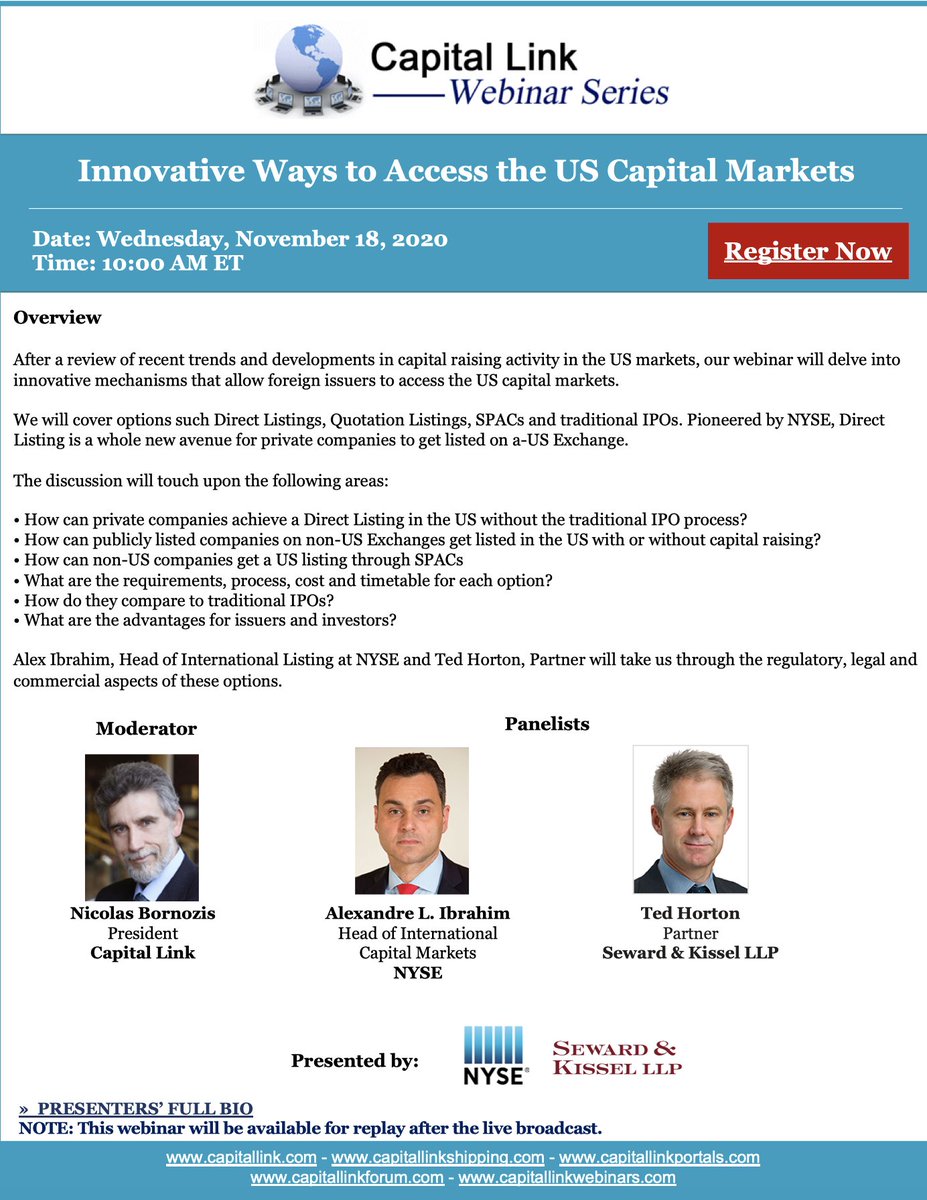 CapitalLink's tweet photo. NEXT WED - NOV 18, 2020 @ 10:00 AM ET:
"Innovative Ways to Access US #CapitalMarkets". 🏦🏛️
Discussion on the Regulatory, legal and commercial aspects of: #DirectListings, #QuotationListings, #SPACs & #IPOs. Featured speakers: @NYSE & @Sewkis
Free here: https://t.co/zH8c0CRU3p https://t.co/s0mLTi167y