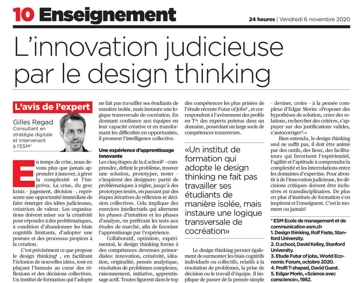 esm_g's tweet photo. "Un institut de #formation qui adopte le #designthinking ne fait pas travailler ses étudiants de manière isolée, mais instaure une logique transversale de cocréation".

Lisez l'#article de @GRegad, intervenant à l’#ESM, paru dans @24heuresch.

📰➡️ https://t.co/4lmdgOW5De https://t.co/J0OqHuiKxj