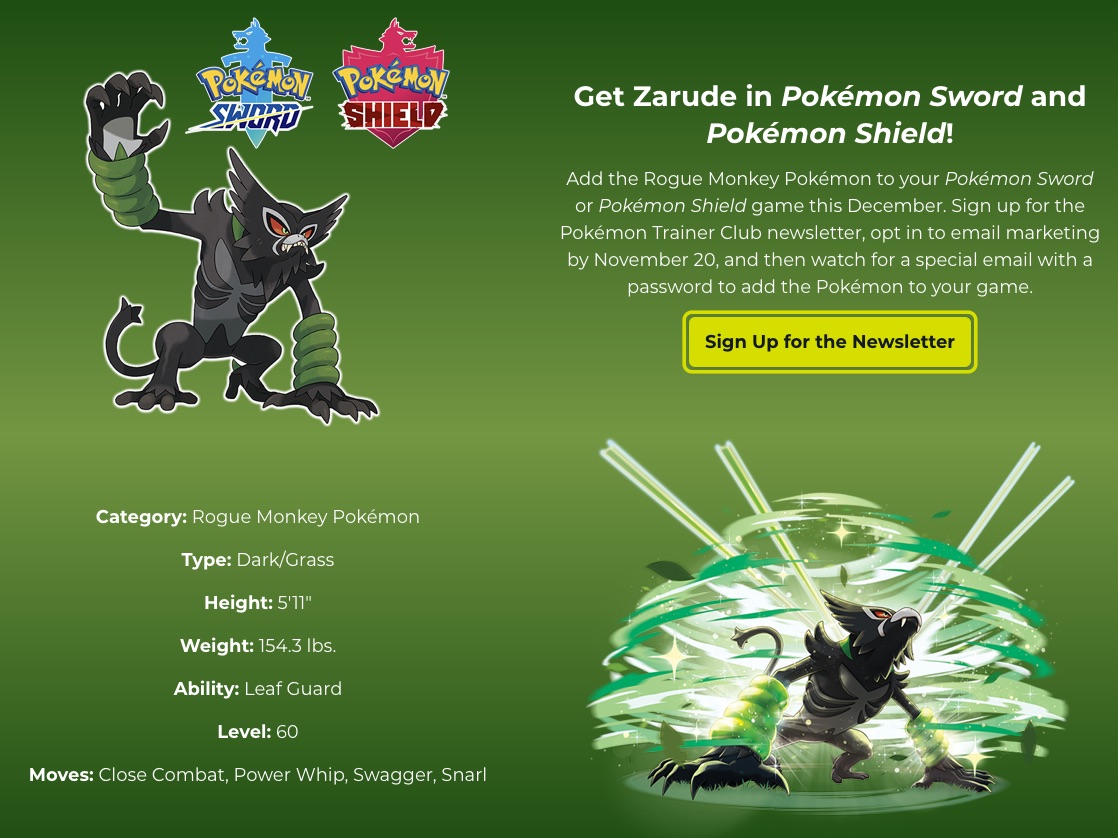 Sign up for Pokémon Trainer Club Newsletter by 9/25 to receive Dada Zarude  and Shiny Celebi in Sword & Shield : r/nintendo