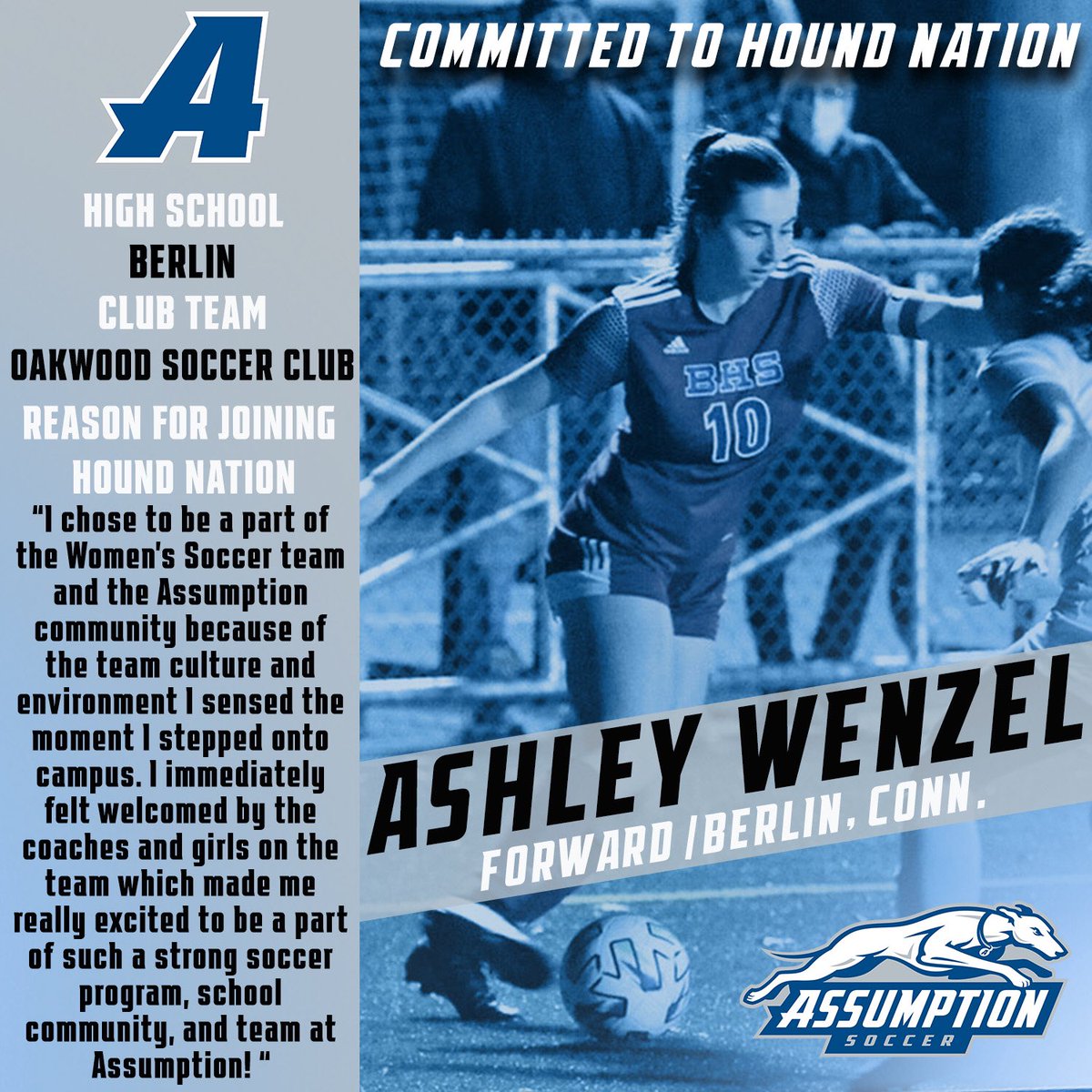 CoachGraceB's tweet image. Our final addition to the class! Excited to welcome Ashley to #HoundNation 💙 #ClassOf2025 #NationalLetterOfIntent #SigningDay #NCAA #ne10embrace @OakwoodSCG @BerlinHSSports @ashleywenzel10