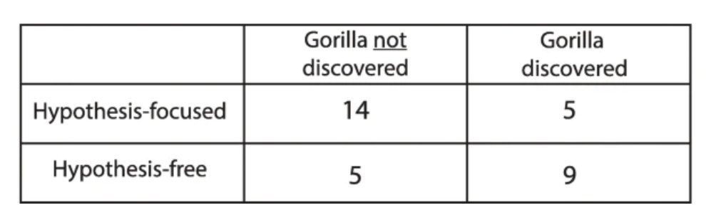 Students who were not presented with a hypothesis to investigate were 5x more likely to discover the gorilla than students who were given specific questions to answer.