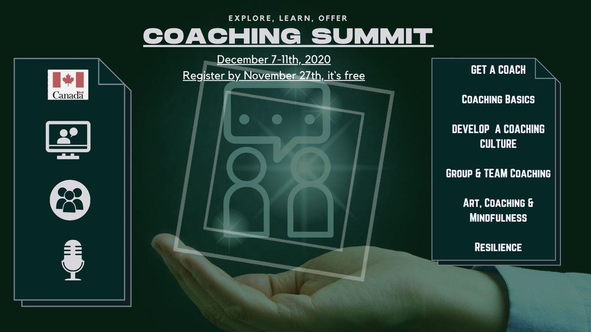 Would you like to experience being in the presence of a professional coach?  👩🏽‍🏫 
The GoC Coaching Network offers you a free individual coaching session and webinars during the Coaching Summit from 📅December 7- 11! <a href="/School_GC/">Canada School of Public Service</a> 
✅RSVP by NOVEMBER 27th. 
bit.ly/3pnObVd
