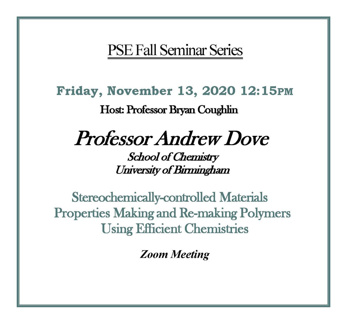 UMassPSE's tweet photo. The @UMassPSE community is looking forward to our Friday virtual seminar this afternoon by @Dove_Group from @unibirmingham! @Coughlin_Group is hosting. #UMassPSE #polymers https://t.co/nQ6gNzoRRt