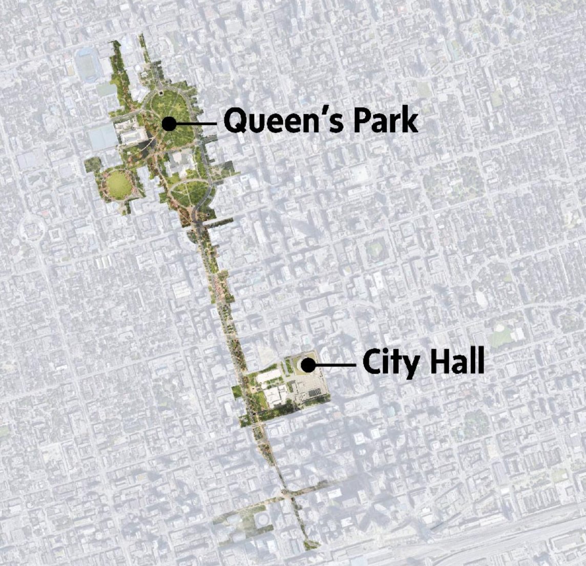 The plan extends from Bloor Street down to Queen Street, linking  @ROMToronto, the  @UofT campus, the city's major hospitals, Queen's Park and City Hall. 3/