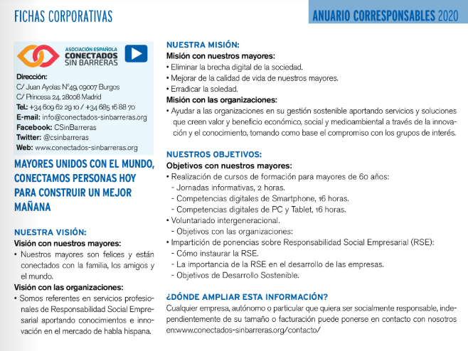 Corresponsables's tweet photo. Desde conectados sin barreras @csinbarreras están comprometidos con la #RSC buscando que los mayores estén unidos con el mundo, conectando a personas hoy para construir un mejor mañana. Para saber cómo lo hacen visita el #AnuarioCorresponsables2020 👉https://t.co/eHnRtSaB43 https://t.co/fSf4HTbWJt