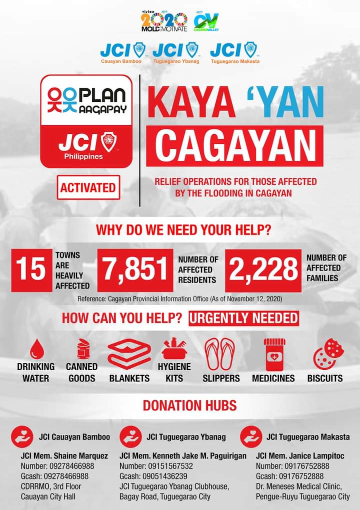 queenqarla's tweet photo. Cagayan, including the city capital of Tuguegarao, is experiencing massive flooding. JCI Cagayan chapters have opened donation hubs. Please coordinate directly with the following numbers below for interested donors. Maraming salamat po. #CagayanNeedsHelp #CagayanValleyNeedsHelp https://t.co/Lfv5MssmV7