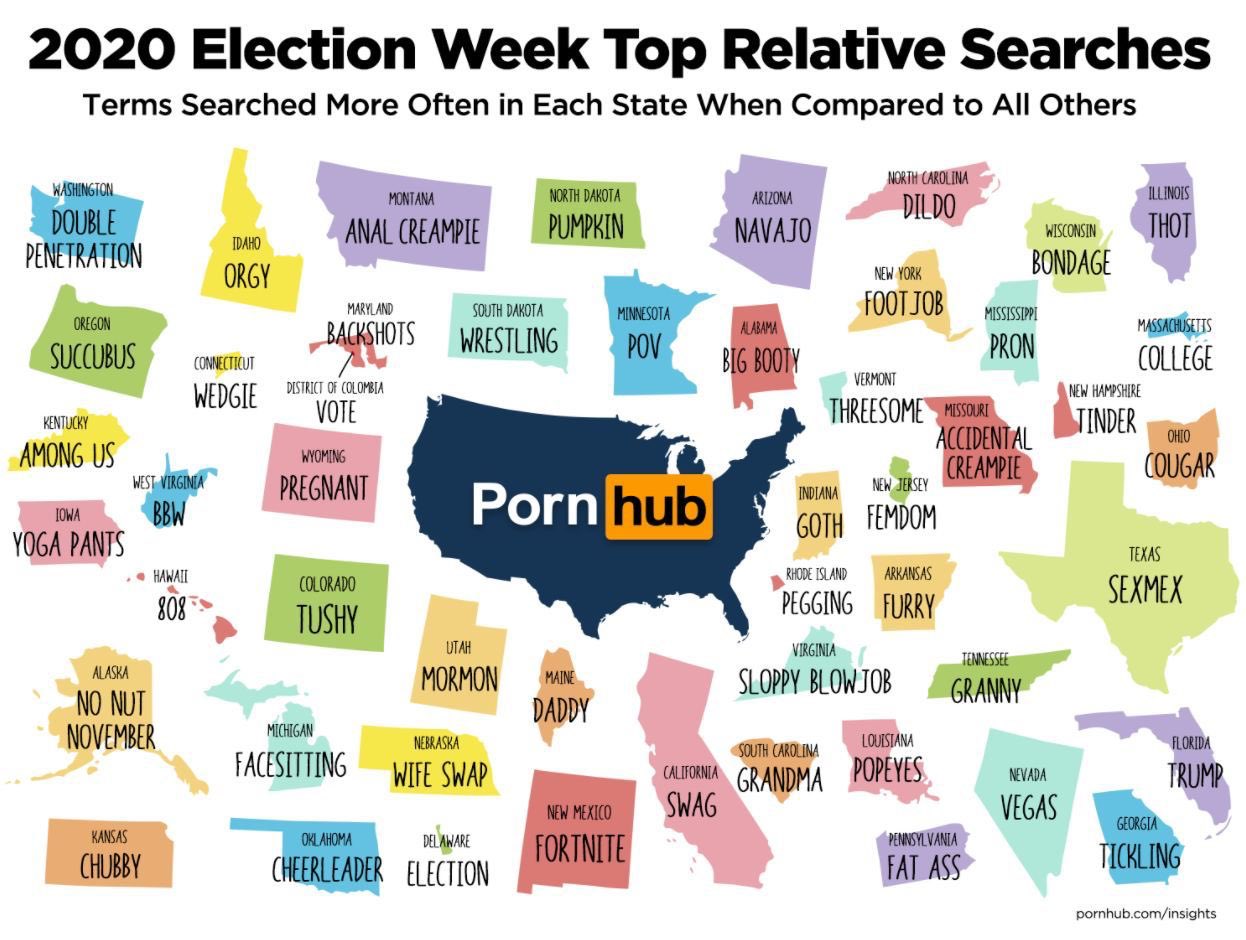 Pornhub’s Insights team shares the top searches in each state during election week! https://t.co/rrK9cwdyqO https://t.co/vGcYL404uy