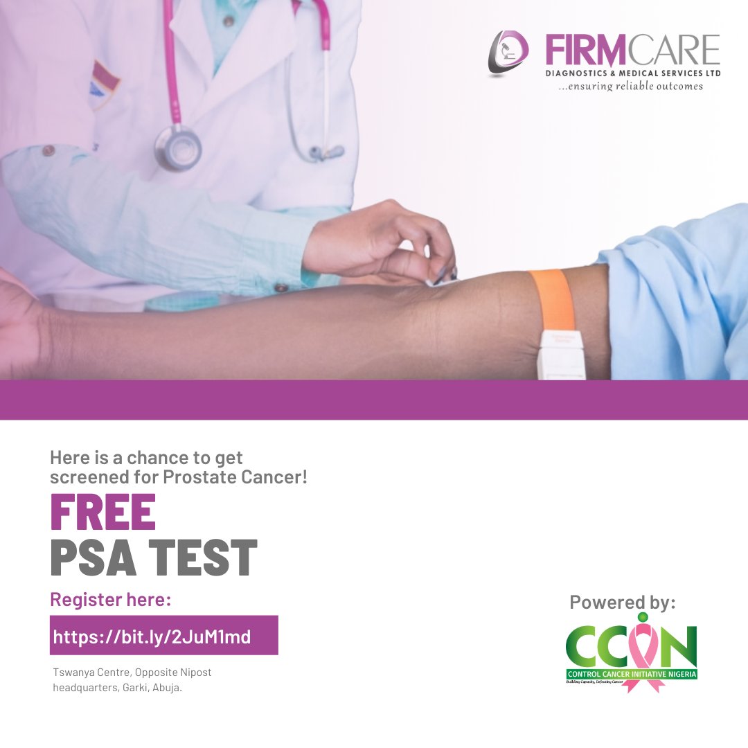 FirmcareLab's tweet photo. Registration slots for FREE Prostate Specific Antigen (PSA) is limited but still available. for Men in Abuja Only.
To register, Click this link https://t.co/9nZEuWUj0W
Courtesy: Control Cancer Initiative of Nigeria (CCIN) @Cancer_NG
#freePSAtestinabuja #abujalab https://t.co/c8dPkKAFeA