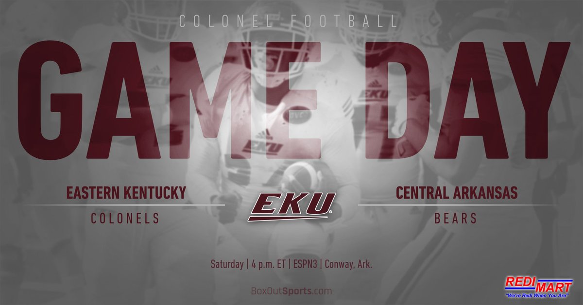 EKUFootball's tweet photo. GAME DAY!!
#MatterOfPride #E2W 
🆚@UCA_Football
⏰3 pm
📍Conway, AR
📰preview .. https://t.co/mwWTZxnQ6n
📝notes .. https://t.co/W7dgeUsnzu
📊live stats .. https://t.co/70JzFVihOK
📱💻📺 ESPN3 https://t.co/4YZyxnAeby
⬆️&amp; more on official @EKUSports App - https://t.co/85ywhb9mfP https://t.co/FgGfrxy6vD