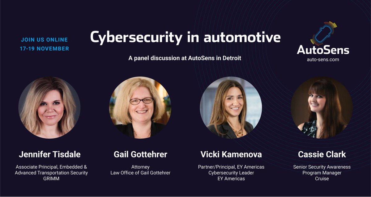 grimmcyber's tweet photo. Tune in next week to the Detroit edition of #AutoSens2020, for an all-women panel session on 'Cybersecurity in automotive' featuring our very own @j_EliTisdale!
https://t.co/9H3VktyYam https://t.co/O9Y57Coej5
