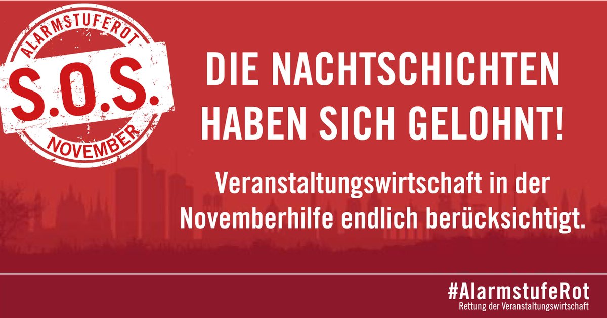 Für den November scheint erstmals seit März eine #Umsatzentschädigung gesichert. Wir #kämpfen weiter für die umfassende Berücksichtigung unserer Branche!

#alarmstuferot #rettungsdialog #veranstaltungswirtschaft  #existenzbedroht #überbrückungshilfen #wirgemeinsam #sosnovember