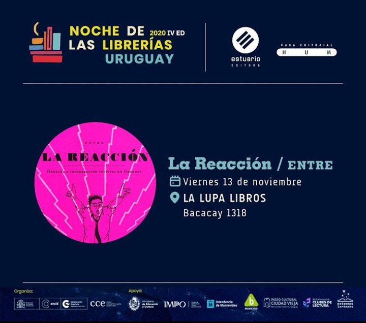espacioentre's tweet photo. Hoy en la #nochedelaslibrerías acompáñanos a conversar sobre La Reacción Derecha e incorrección política en Uruguay 
📍20h en Libros de la Arena 
📍21h en @LaLupaLibros 

@HUM_Estuario https://t.co/DReW12TAJM