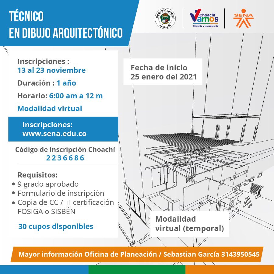 AlcaldiaChoachi's tweet photo. #Educación | 📚✏️ Oportunidad para la juventud Chiguana

¡Empieza a construir tus sueños del 2021! 

Inscripciones abiertas para ✏️ 📐¡Técnico en dibujo arquitectónico! 

Mayor información: 
📍Arq. Sebastián García
📲3143950545

@SENACmarca https://t.co/sEH1WQCiz4