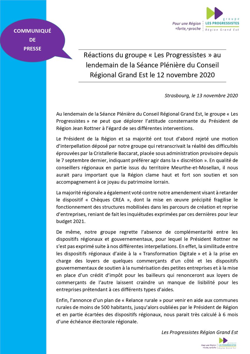ProgressistesGE's tweet photo. [Communiqué de presse 🗞] 

Réactions du groupe Les Progressistes suite à la #SPNov20 du Conseil Régional #GrandEst ⤵️ https://t.co/mrtcq8ALvK