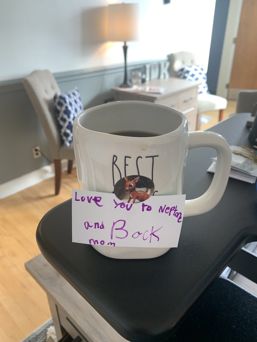 Drinking coffee made by Bonnie this morning. 💜☕️ She learned how to make it! She pours it for me, and adds a note with a sticker.  Happy Friday!